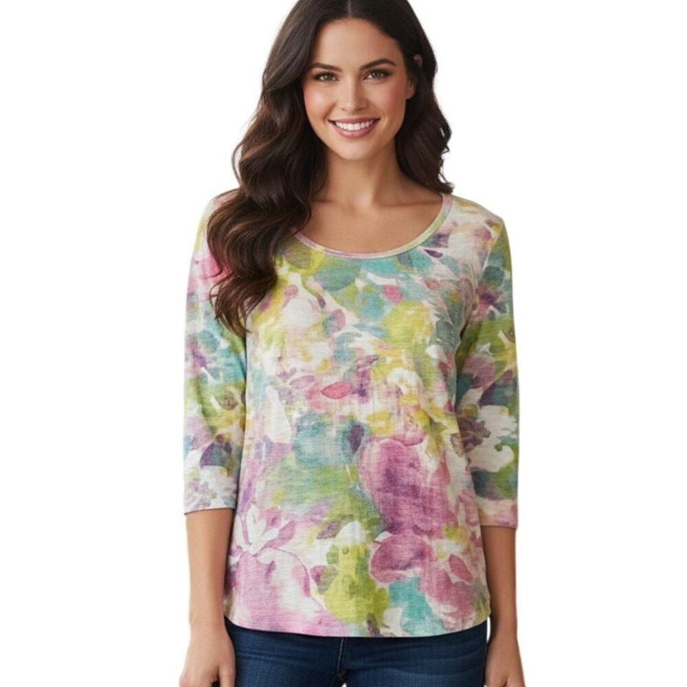 Adyson Parker Watercolor Floral Knit Top Womens Small Multicolor Cotton Knit Tee